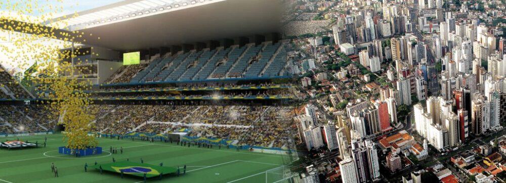 Fútbol en estadio y vista aérea de ciudad moderna en Montevideo, Uruguay.