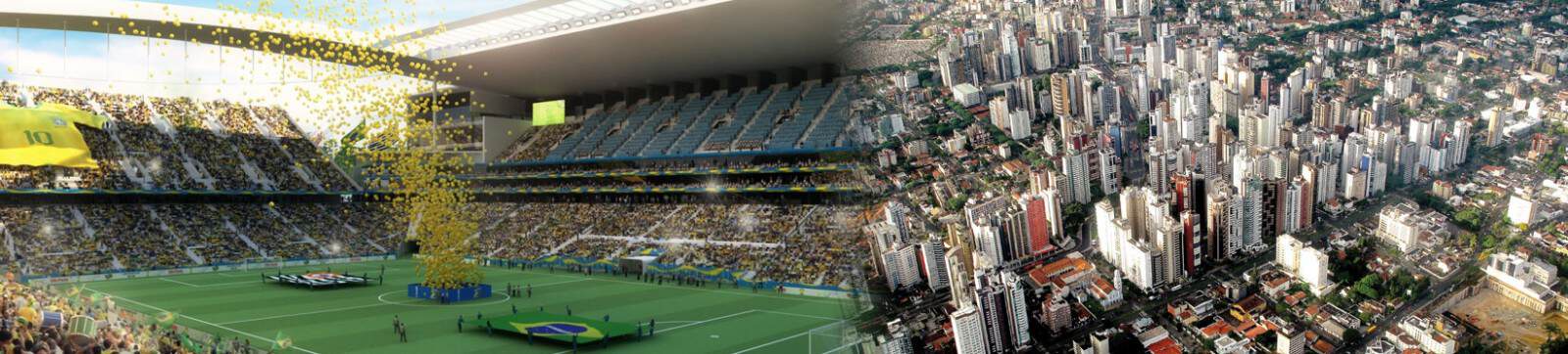 Fútbol en estadio y vista aérea de ciudad moderna en Montevideo, Uruguay.