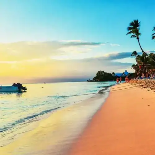 A beach scene with palm trees, boats, and sunset lighting in Uruguay.