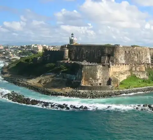 A scenic view of El Castillo San Felipe del Morro in San Juan, Puerto Rico, overlooking the Atlantic.