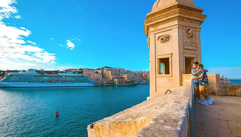 View of historic fortification overlooking the sea in Malta.