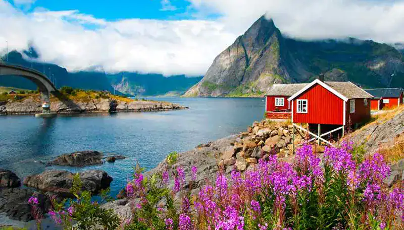 Cabañas rojas junto al fiordo con montañas en Noruega, paisaje natural y tranquilo.