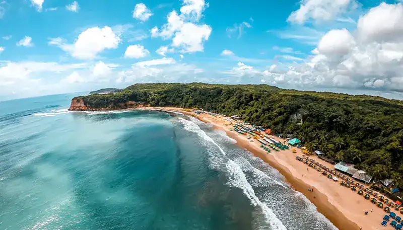 El Kaminante, vista aérea de una playa con olas y vegetación en la costa uruguaya.