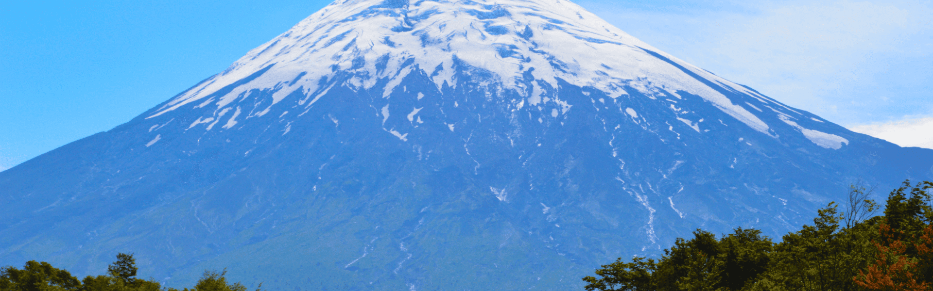 Volcano Mount Fuji with snow-capped peak and lush green forest at base.