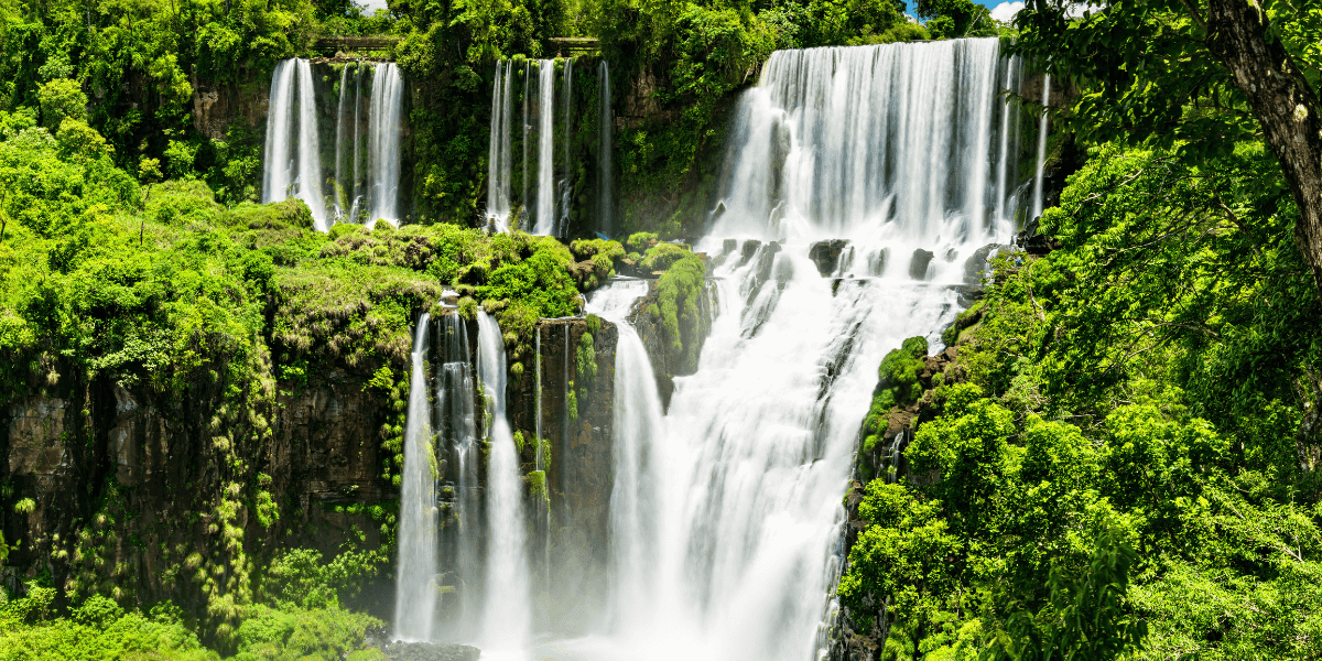 Cascada en un entorno natural con abundante vegetación y agua cristalina.