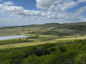 A lush green landscape with rolling hills, a lake, and a partly cloudy sky in the background.
